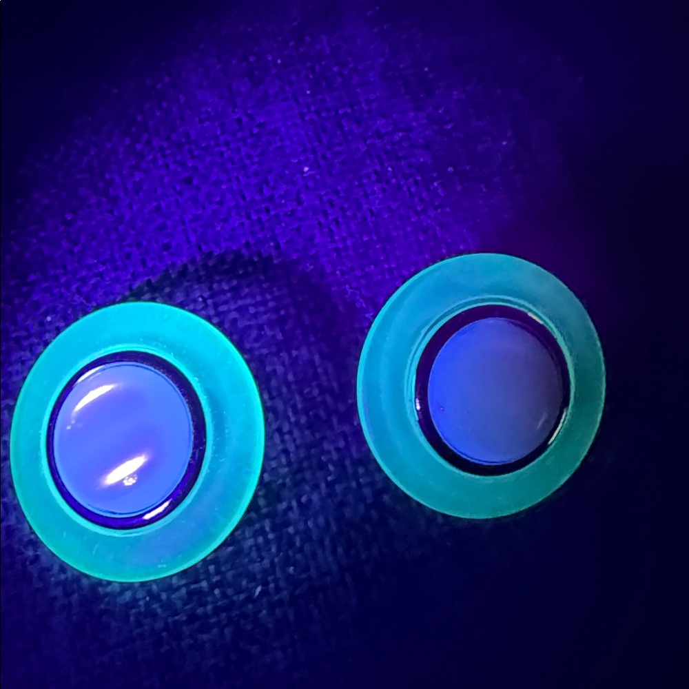 Vintage Green and Cream Button Earrings glows under UV lights